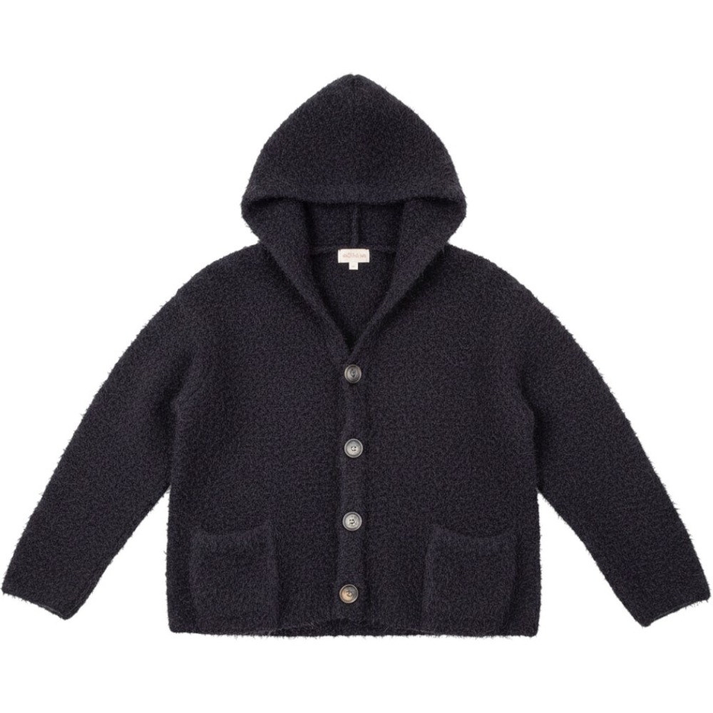 POL Hooded Cardigan Sweater M Black Fuzzy Eyelash Knit‎ Button Up Whimsigoth